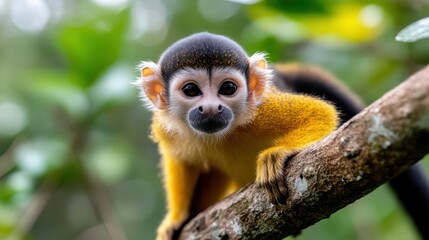 Obraz premium Vibrant Guianan squirrel monkey perched on a branch in lush greenery
