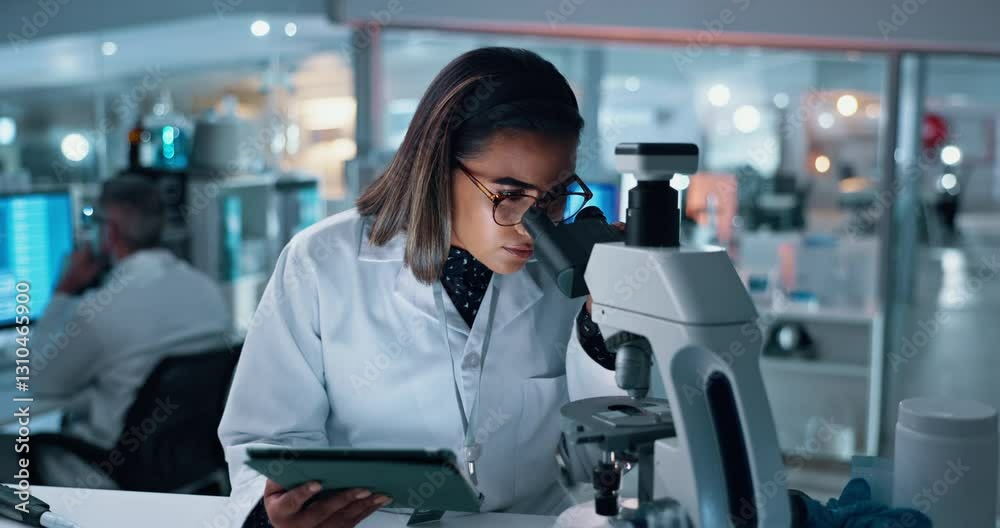 Poster woman, microscope and scientist with tablet in lab for research, experiment results and virus treatm