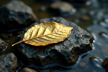 Leaf gold foil pattern on river rock, water features, geological formations, rock texture