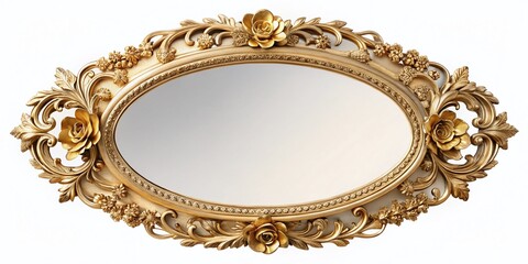 Elegant Oval Mirror with Gold Frame & Floral Design - Empty Reflection, White Background Stock Photo