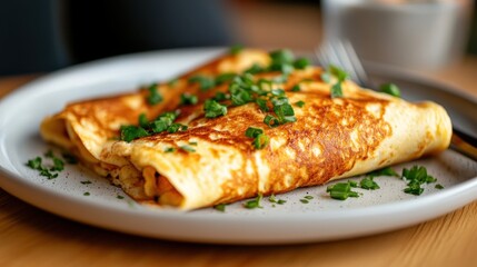 Delicate plain omelette garnished with fresh herbs on a quaint table