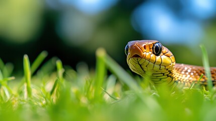 Obraz premium Serpent poised for action among the blades of grass in a serene habitat