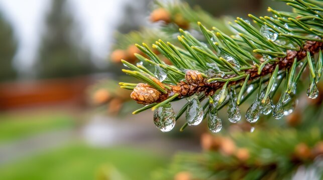 Glistening raindrops adorn pine branches on a moody rainy day