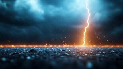 Lightning strike during stormy night, rain, ground