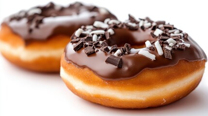 Delightful chocolate glazed donut on a white background featuring sprinkles