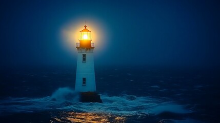 Lone lighthouse beams in stormy night sea