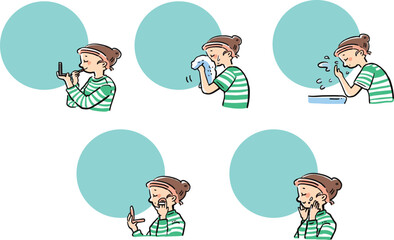 美容　顔のスキンケア、メイクをする女性のフレームイラストセット