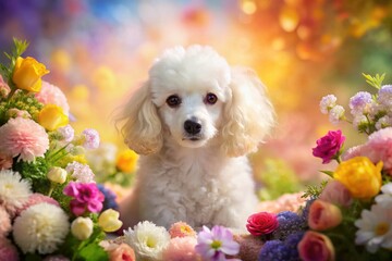 Elegant Poodle Puppy in Floral Garden:  High-Resolution Aerial Photography Wallpaper