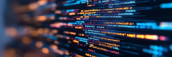 Colorful binary code displayed on a digital screen representing advanced technology and data processing