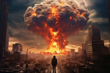 Apocalyptic cityscape with nuclear explosion mushroom cloud and lone figure. Doomsday scenario for action movie poster or video game cover art. End of the world concept.