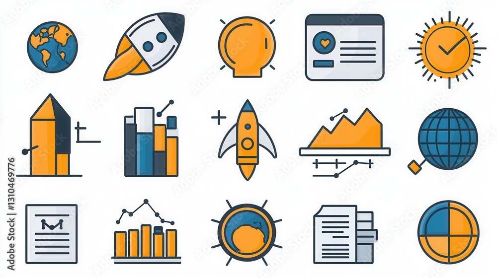 Poster comprehensive set of business related outline icons depicting various aspects of teamwork strategy p