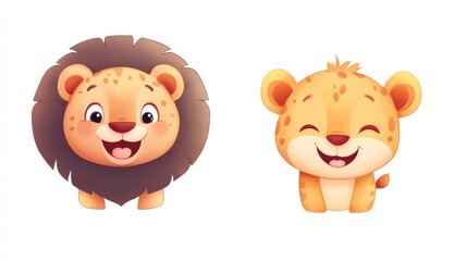 Two smiling cartoon big cats with cute expressions on their faces