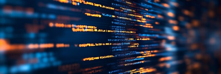 Dynamic display of programming code lines in a dark environment highlighting technology and innovation