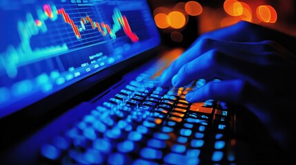 Person's Hands Typing on Laptop Keyboard with Blue Lit Stock Market Charts Displayed on Screen at Night