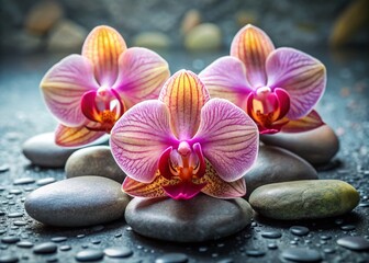 Fototapeta premium Elegant Still Life: Three Orchids and Smooth Stones