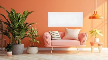 Modern Coral Living Room Interior Design with Pink Sofa and Plants