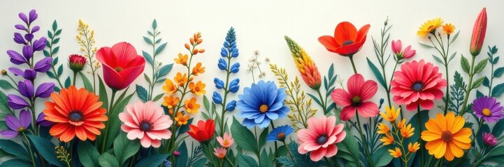 Vibrant botanical illustration of mixed flower arrangements, floral art, colorful blooms