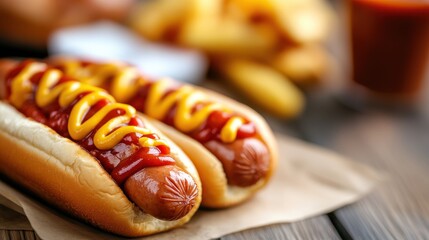 Classic hot dog topped with mustard and ketchup served with fries