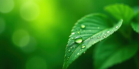 Water droplets on green leaves with soft focus background , Bloom, Florals