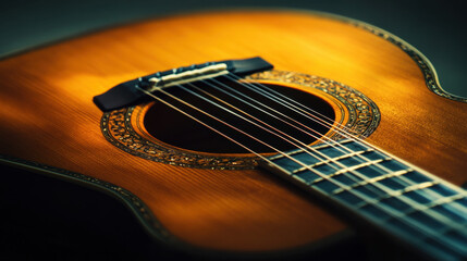 Fototapeta premium A beautifully crafted acoustic guitar, levitating effortlessly, illuminated by warm golden light