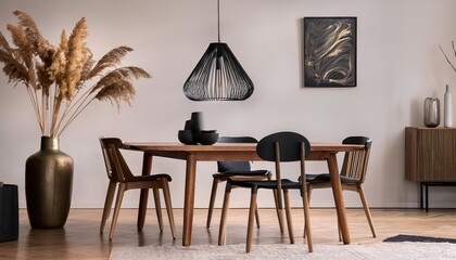 Minimalist Dining Room Interior Wooden Table and Design Chairs Framed with Dried Flowers in a Contemporary Space, Embracing Simplicity and Elegance.