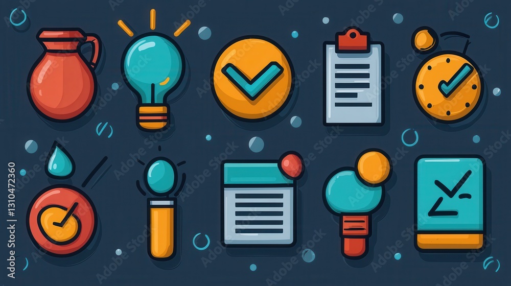 Poster a set of linear icons visually representing the key steps and elements of an action plan process inc