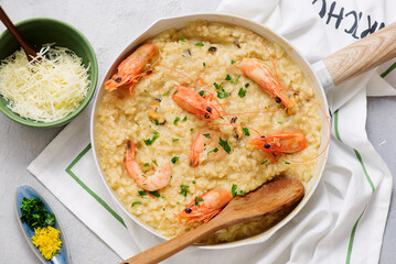 Risotto with seafood.top veiw