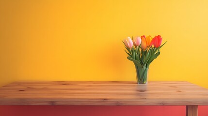 Vibrant Tulips in Glass Vase on Wooden Table Against Yellow Wall
