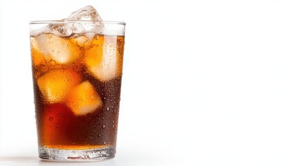 Refreshing cola drink filled with ice cubes on a bright white background