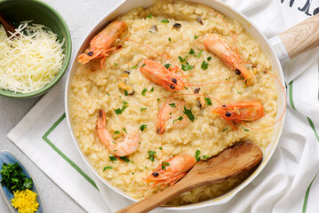 Risotto with seafood.top veiw