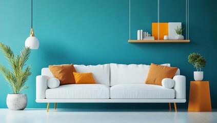 Teal Living Room with White Sofa and Orange Accents (1)