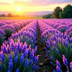 Obraz premium Morning sunlit field with a sea of purple lavender swaying gently in the breeze, wildflowers , landscape, field