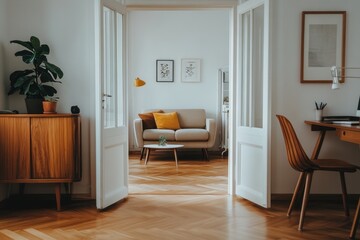 Fototapeta premium Bright apartment interior with hardwood floors, mid-century furniture, and home office.