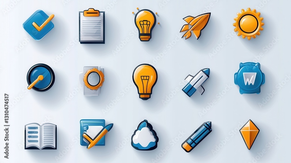 Poster set of modern outline icons representing various elements of an evaluation process such as data anal