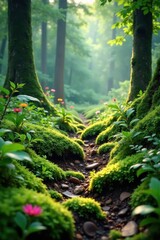 Mossy forest floor with ferns and wildflowers, grunge, overgrown, rustic