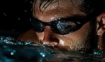Close-Up of Male Swimmer in Goggles Splashes Water During Intensive Training Session