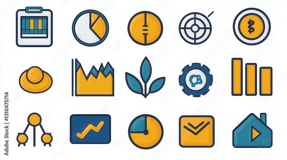 Poster collection of modern outline style icons representing various statistical and financial data visuali