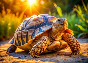 Naklejka premium Elongated Tortoise (Indotestudo elongata) basking in sunlight, close-up, rule of thirds composition.