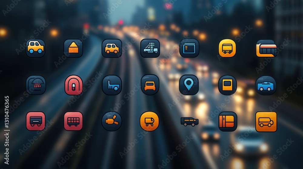 Poster collection of minimalist outline icons representing various modern transportation modes and related 