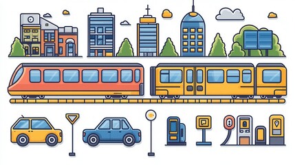 Naklejka premium Comprehensive depicting a modern urban landscape with a variety of transportation modes and infrastructure including trains buses cars and alternative energy solutions