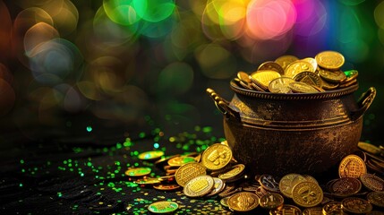 Traditional Saint Patrick’s Day scene with a lucky kettle of gold, shamrocks, and a bright rainbow, representing Irish folklore and prosperity with space for message or design.