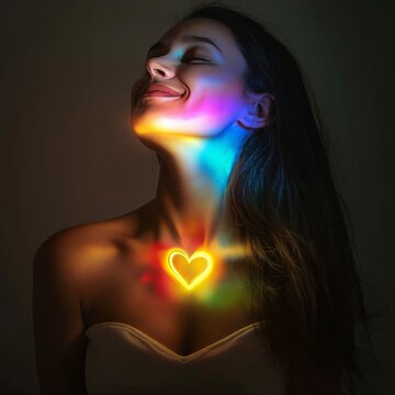 Smiling Woman with Glowing Gold Yellow Heart Shape and Rainbow Light