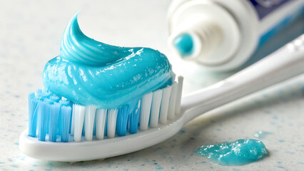 Dentistry oral health concept. Toothbrush with blue toothpaste, highlighting dental hygiene and freshness.