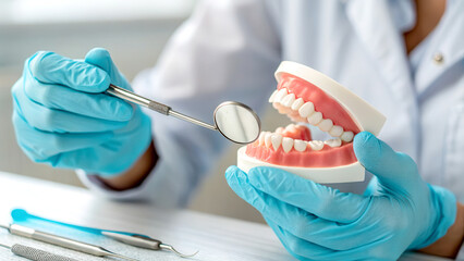 Dentistry oral health concept. Dental professional demonstrating oral care with a dental model.