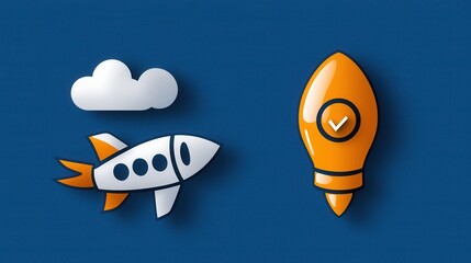 of a stylized rocket and checkmark icons representing corporate teamwork leadership and successful business ventures  The design conveys a sense of progress innovation and achievement in a creative