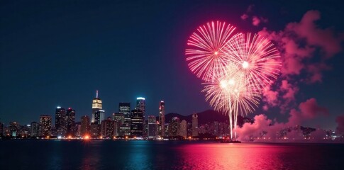 New Year fireworks exploding over a city skyline at night, explosion, city, newyear