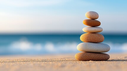 Calm and serenity created by balanced stones near the ocean waves