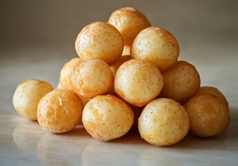 Golden Crisp Round Fried Snacks Stacked on Light Background with a Warm Texture Ideal for Culinary and Food Photography Projects