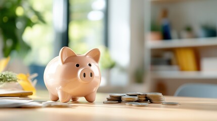 Saving for summer adventures with a cheerful piggy bank on the table