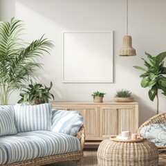 Bright living room with wicker furniture, plants, and a blank frame.